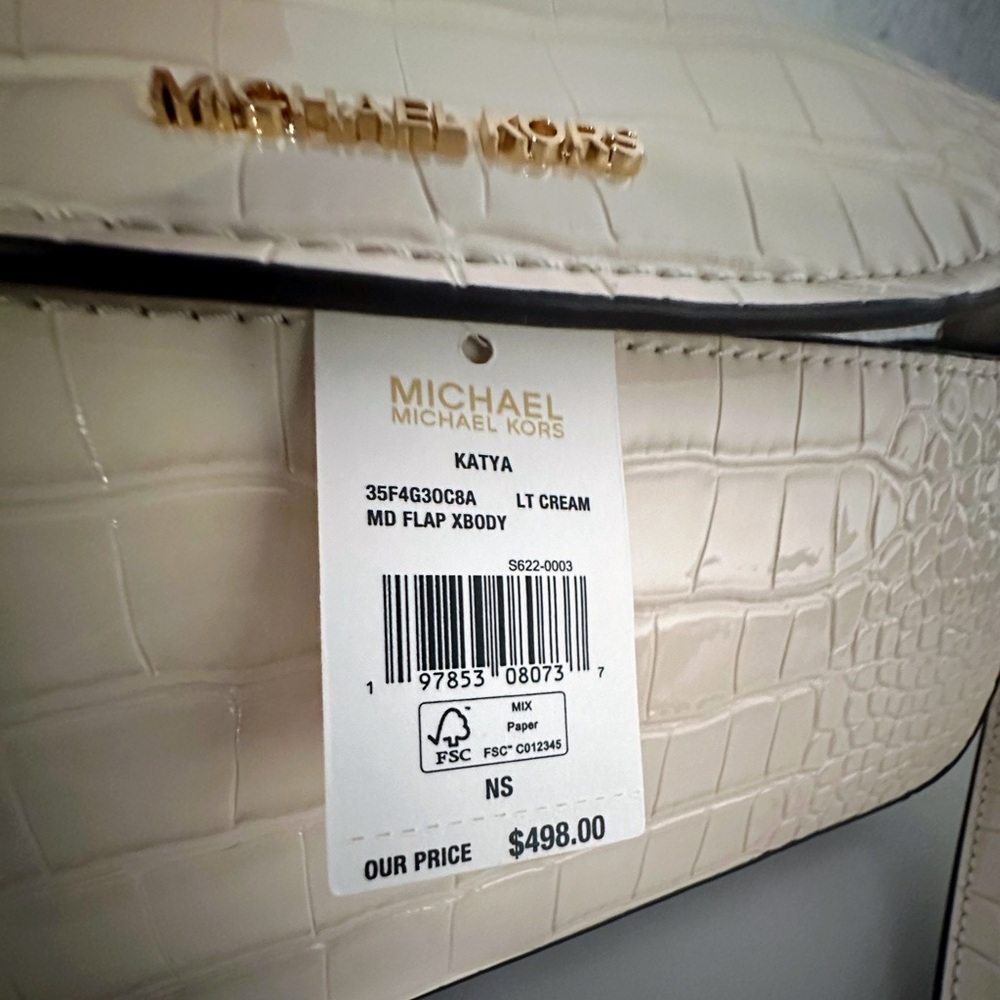 NWT‎ MICHAEL MICHAEL KORS KATYA MEDIUM FLAP CROSSBODY CROC-EMBOSSED LIGHT CREAM - Picture 11 of 12